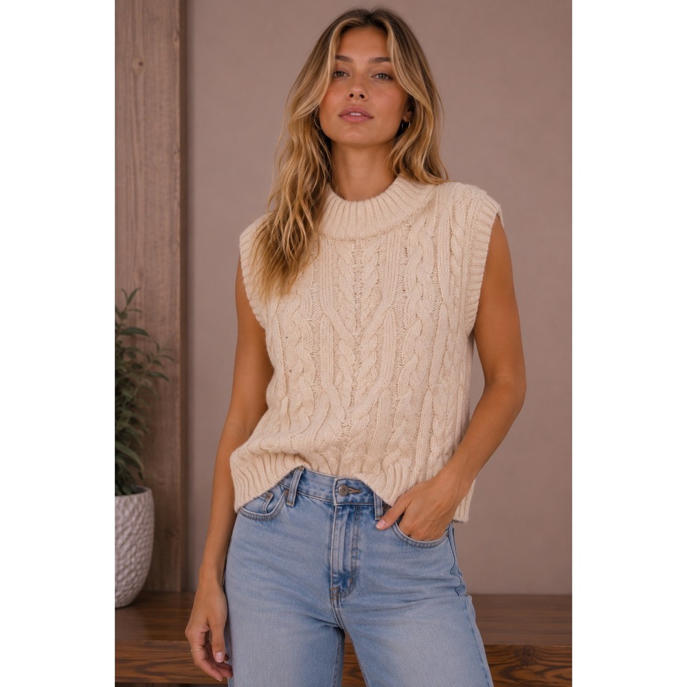 A New Day Cream Cable Knit Sweater Vest Mock Neck Beige XL Sleeveless Top